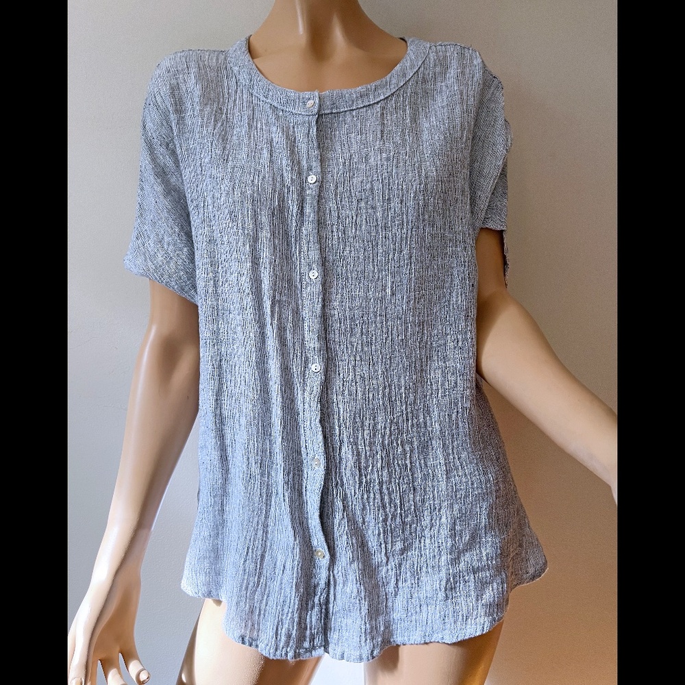 Tahari oversized linen button down blouse XS navy and white